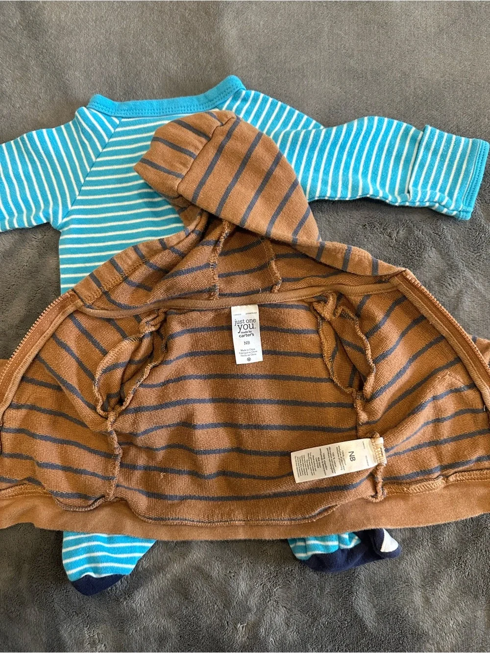 Carter's Blue Striped One-Piece and Brown Striped Hooded Jacket